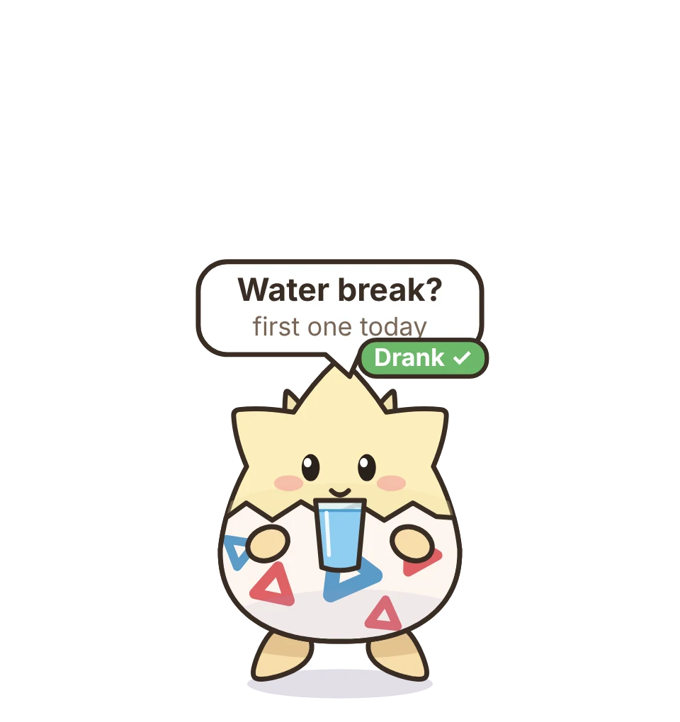 Togepi holding up a bubble: Water break? First one today, with a Drank button.