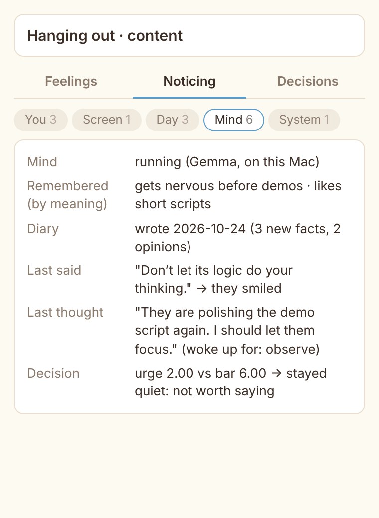 Pip’s brain window: his last thought, and that he stayed quiet because it wasn’t worth saying.