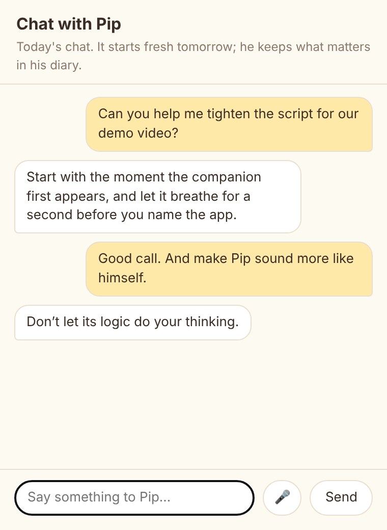 Filo’s chat window: someone asks Pip for help with a demo script, and Pip answers in his own words.